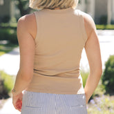 Cotton Rib High Neck Tank, Tan