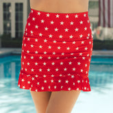 Woman's swim skirt in red with white star print—the perfect 4th of July swimsuit 