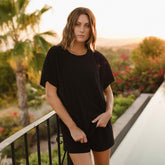 Black terry towel material beach cover up shorts and oversized tee shirt