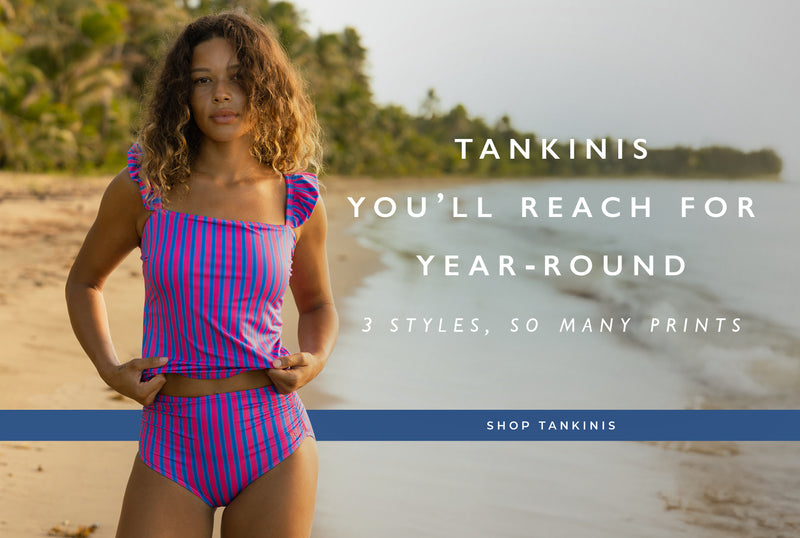 Woman in a striped swimsuit on a beach with promotional text overlay.