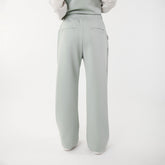 Back view of model wearing women's wide leg trouser sweats in soft mint color