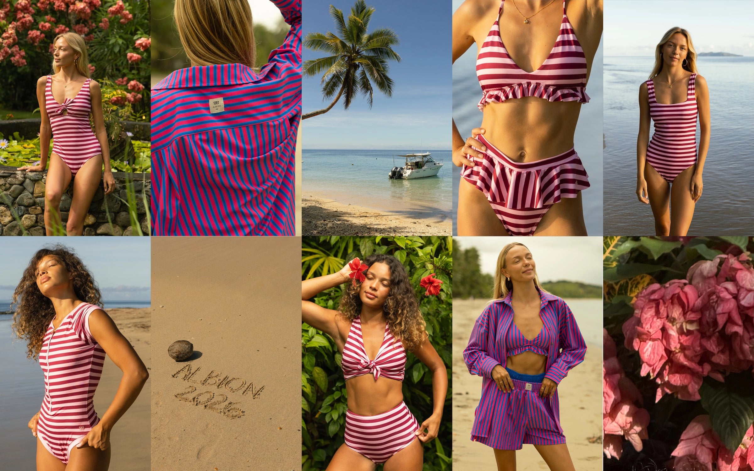 Collage of a woman wearing a red and white striped swimsuit and purple cover-up in various settings.