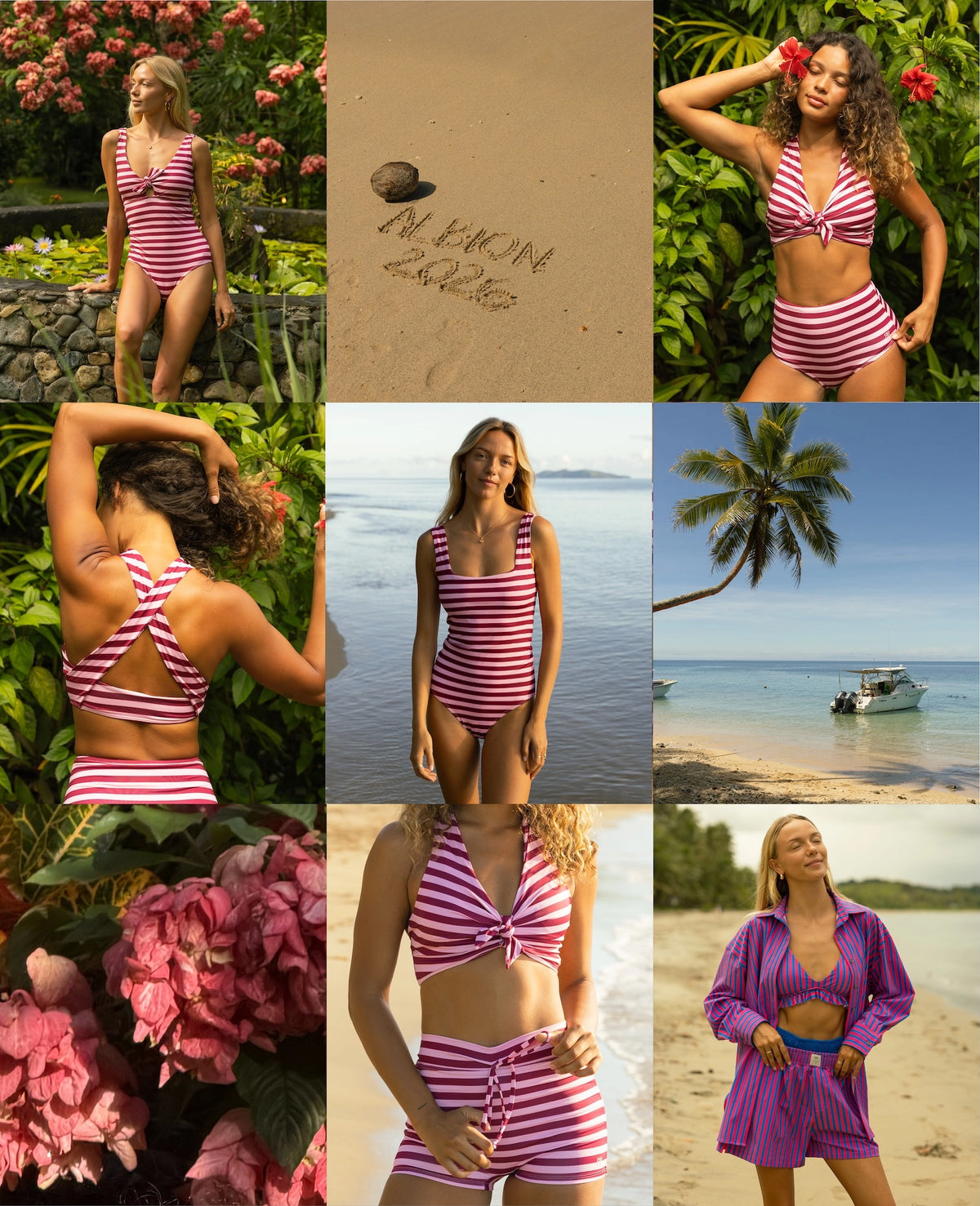 Collage of a woman wearing a red and white striped swimsuit in various settings.