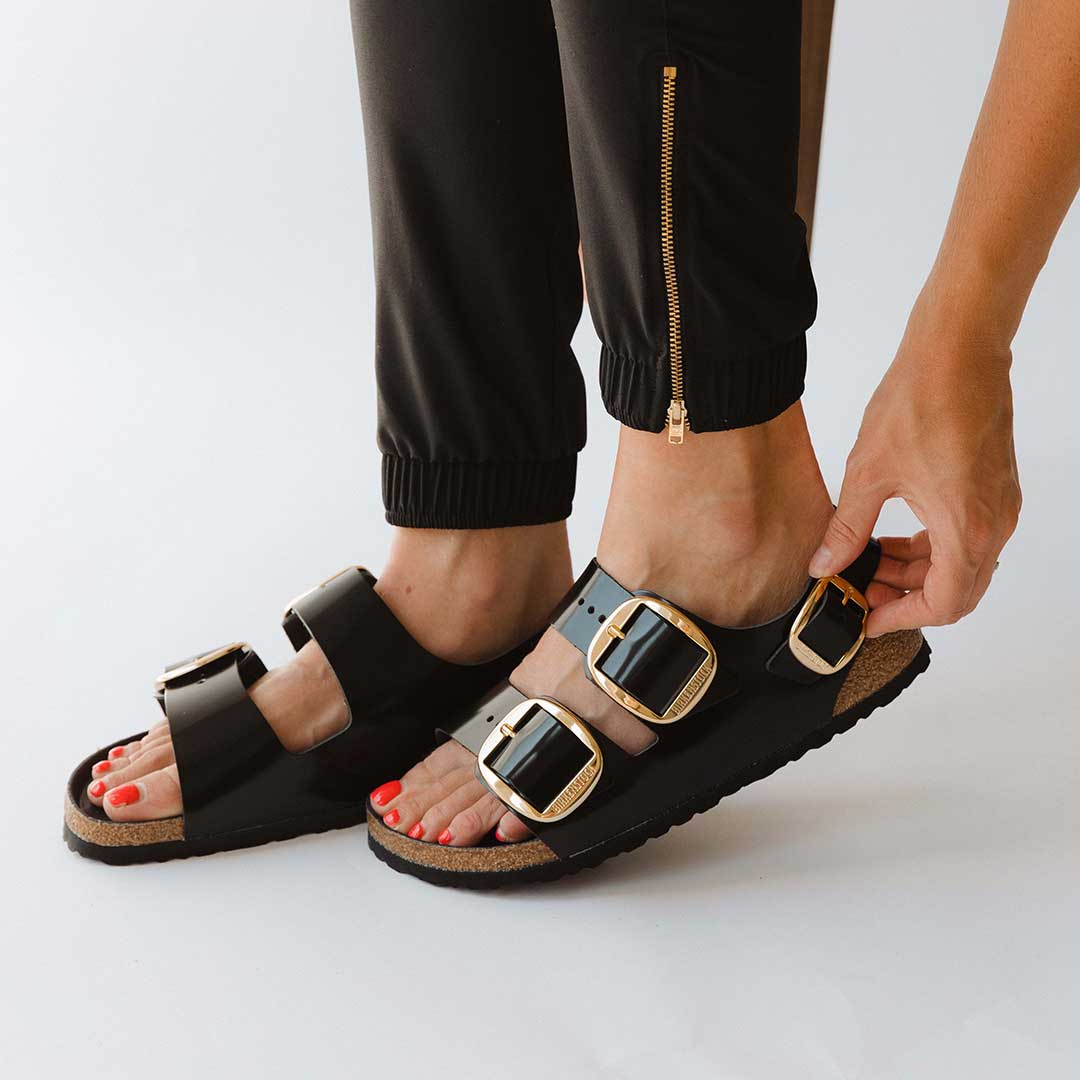 Birkenstock Shearling Arizona Big Buckle Oiled Leather Midnight Two-Strap Sandals