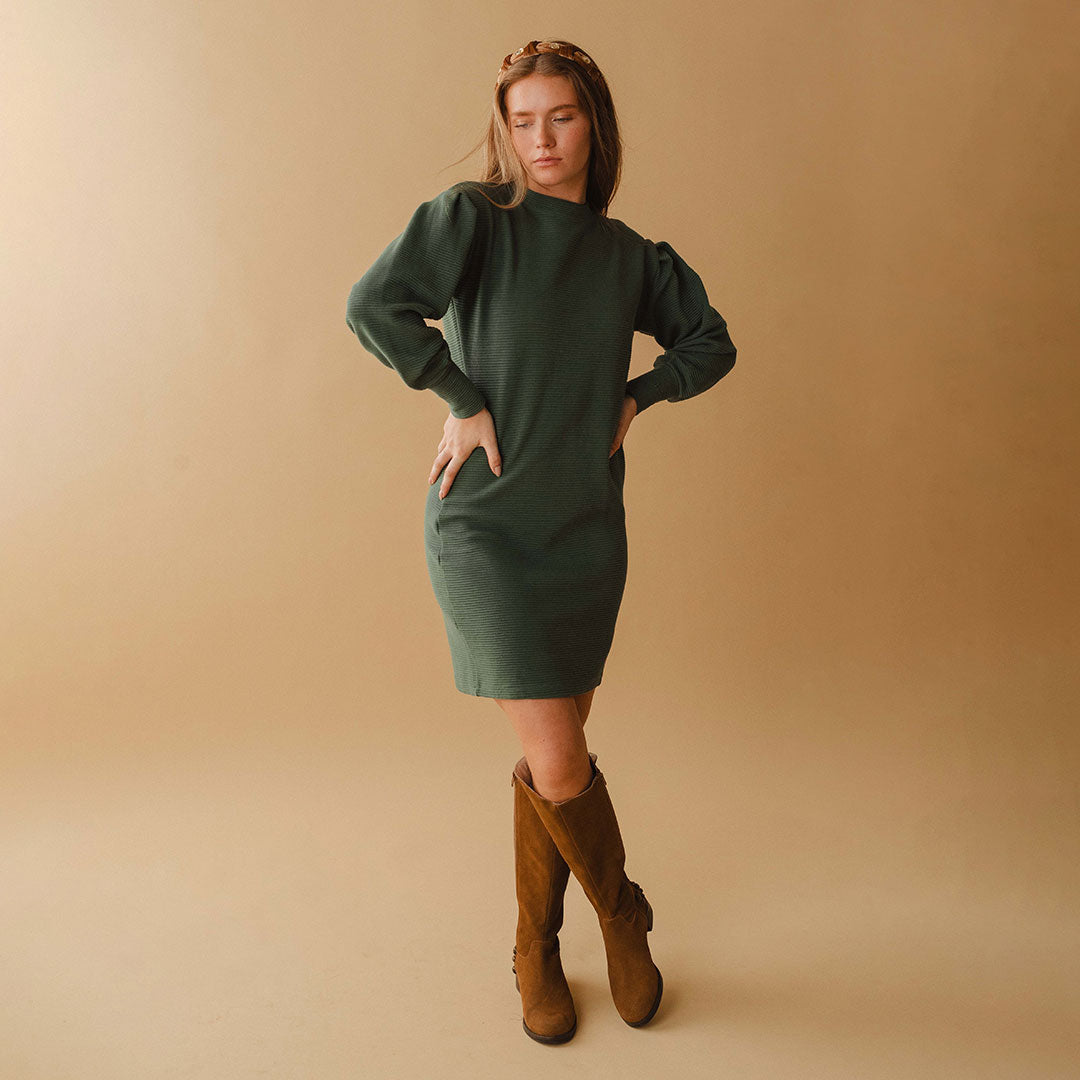 Atlas Ribbed Sweater Dress, Emerald - Albion