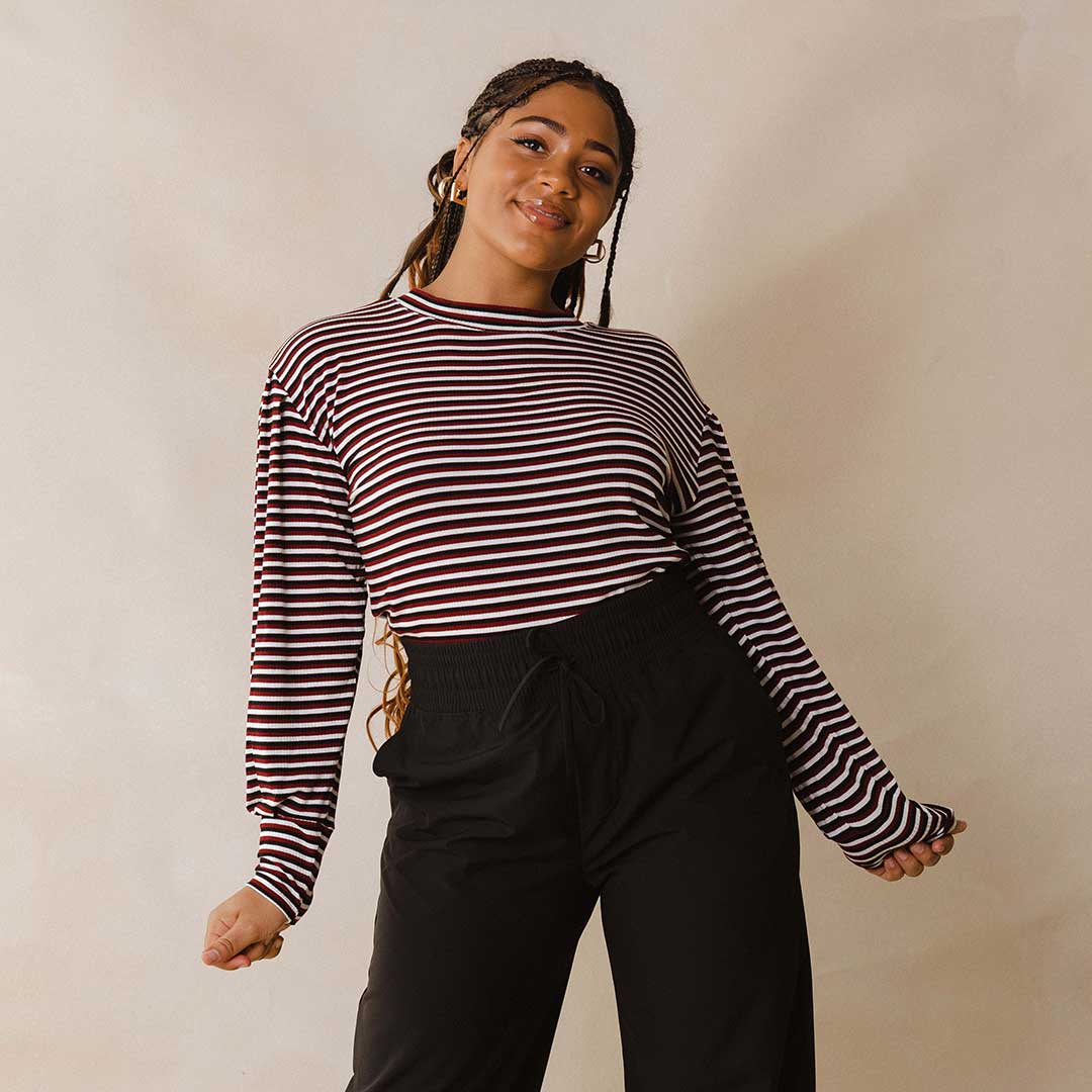 The Coco Long Sleeve, Burgundy Stripe - Albion Fit