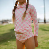 Mini Rash Guard Two-Piece Set, Pink Check