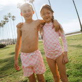 Mini Rash Guard and Shorts Set, Pink Check