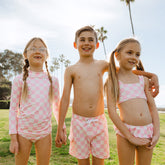 Mini Rash Guard and Shorts Set, Pink Check