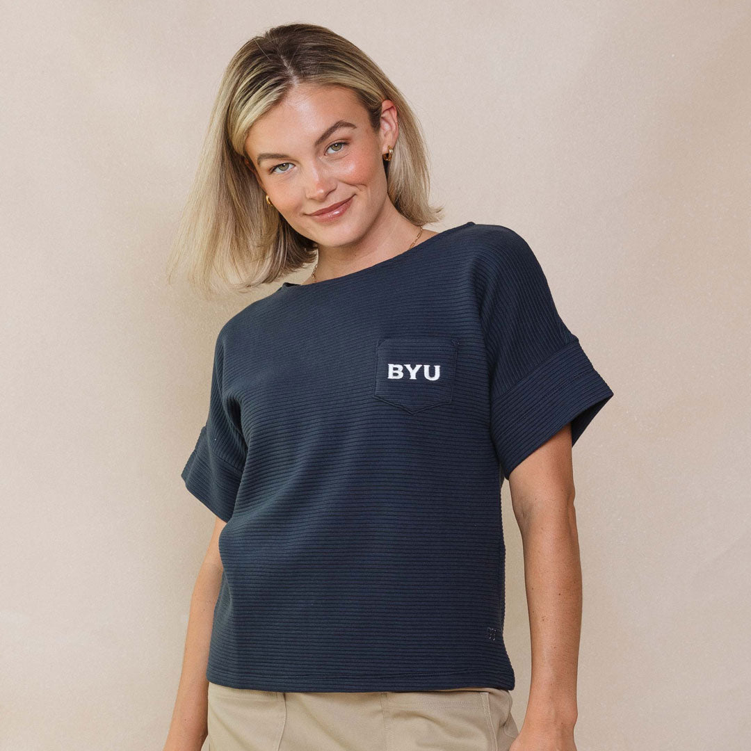 BYU Atlas Ribbed Blouse, Navy