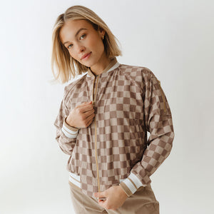 Brown Checkers Bomber Jacket