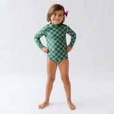 Mini Rash Guard and Shorts Set, Green Check