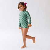 Mini Rash Guard and Shorts Set, Green Check