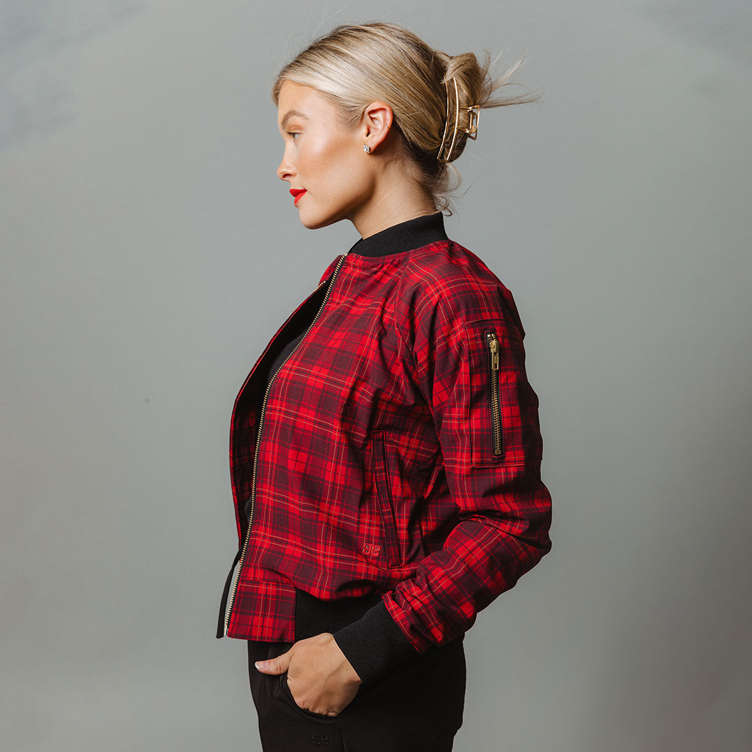 Women's Zip-Up Bomber Jacket in Festive Plaid - Albion Fit