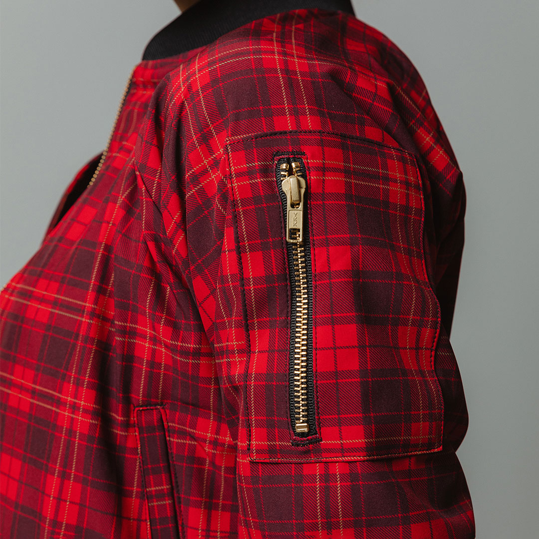 Women's Zip-Up Bomber Jacket in Festive Plaid - Albion Fit