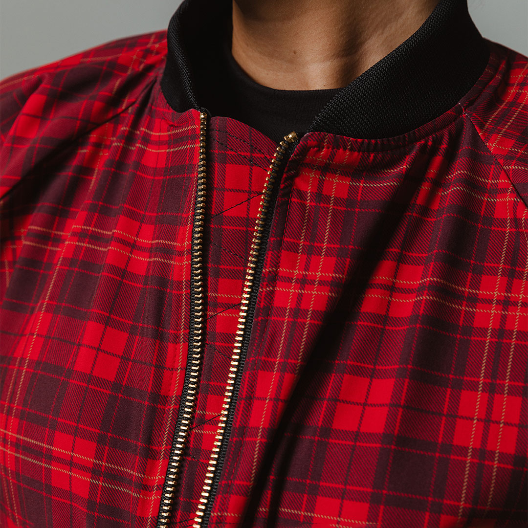 Women's Zip-Up Bomber Jacket in Festive Plaid - Albion Fit