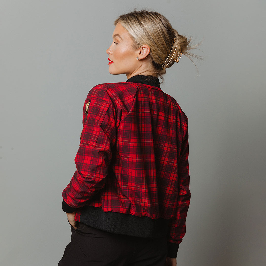 Women's Zip-Up Bomber Jacket in Festive Plaid - Albion Fit
