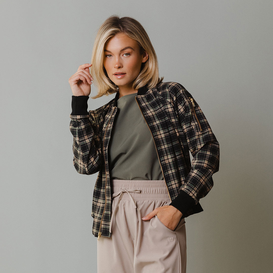 Women's Zip-Up Bomber Jacket in Festive Plaid - Albion Fit