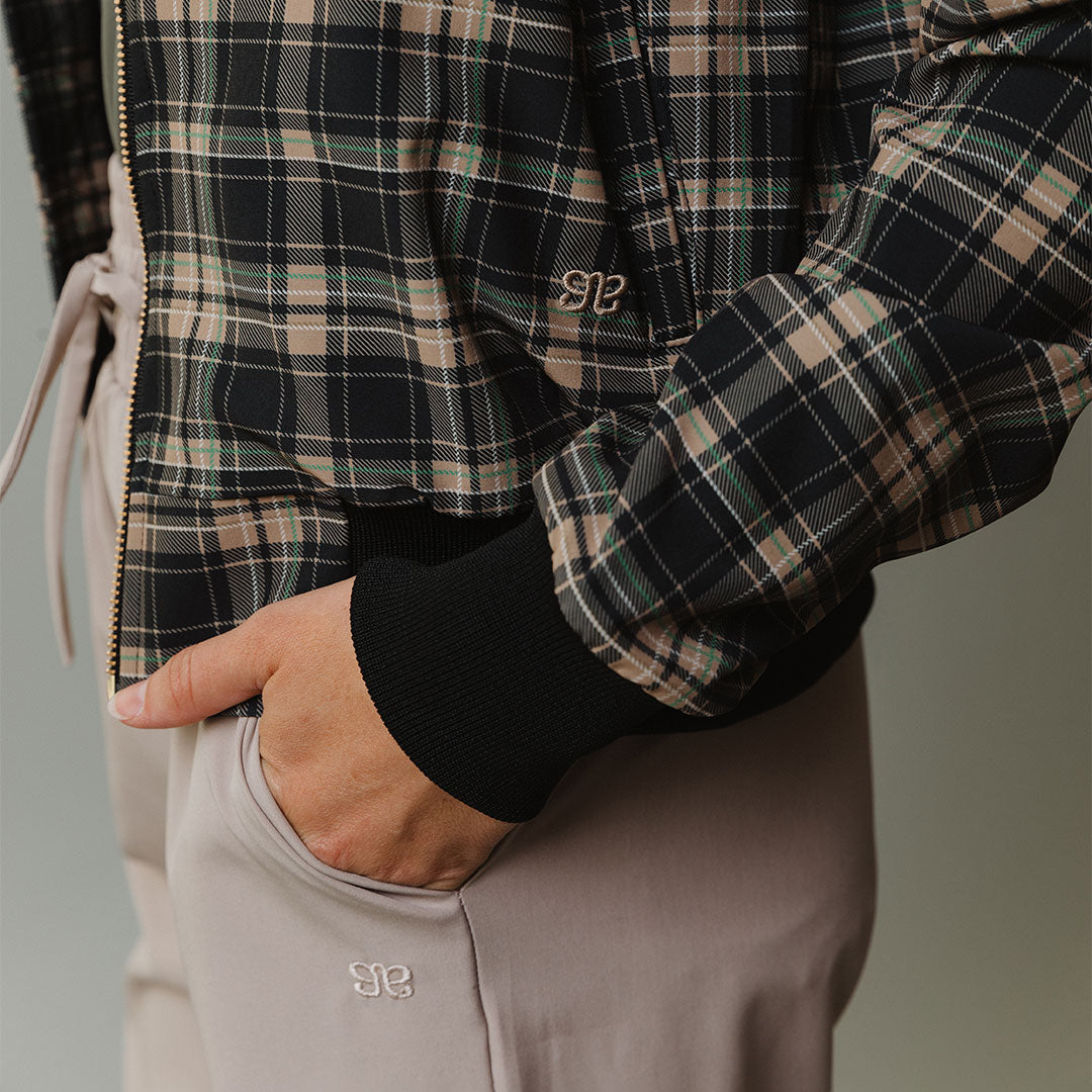 Women's Zip-Up Bomber Jacket in Festive Plaid - Albion Fit