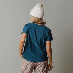 Ribbed Basic Crew Neck Tee, Teal Blue