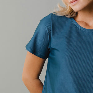 Ribbed Basic Crew Neck Tee, Teal Blue