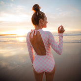 Pink Check Long Sleeve Rash Guard One-Piece