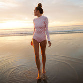 Pink Check Long Sleeve Rash Guard One-Piece