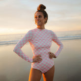 Pink Check Long Sleeve Rash Guard One-Piece