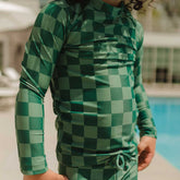 Mini Rash Guard and Shorts Set, Green Check