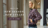 Woman wearing a floral bomber jacket in a modern interior setting with text about a new season and waitlist.