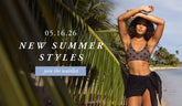 Woman in swimwear standing by a palm tree with join the waitlist text for new summer styles.