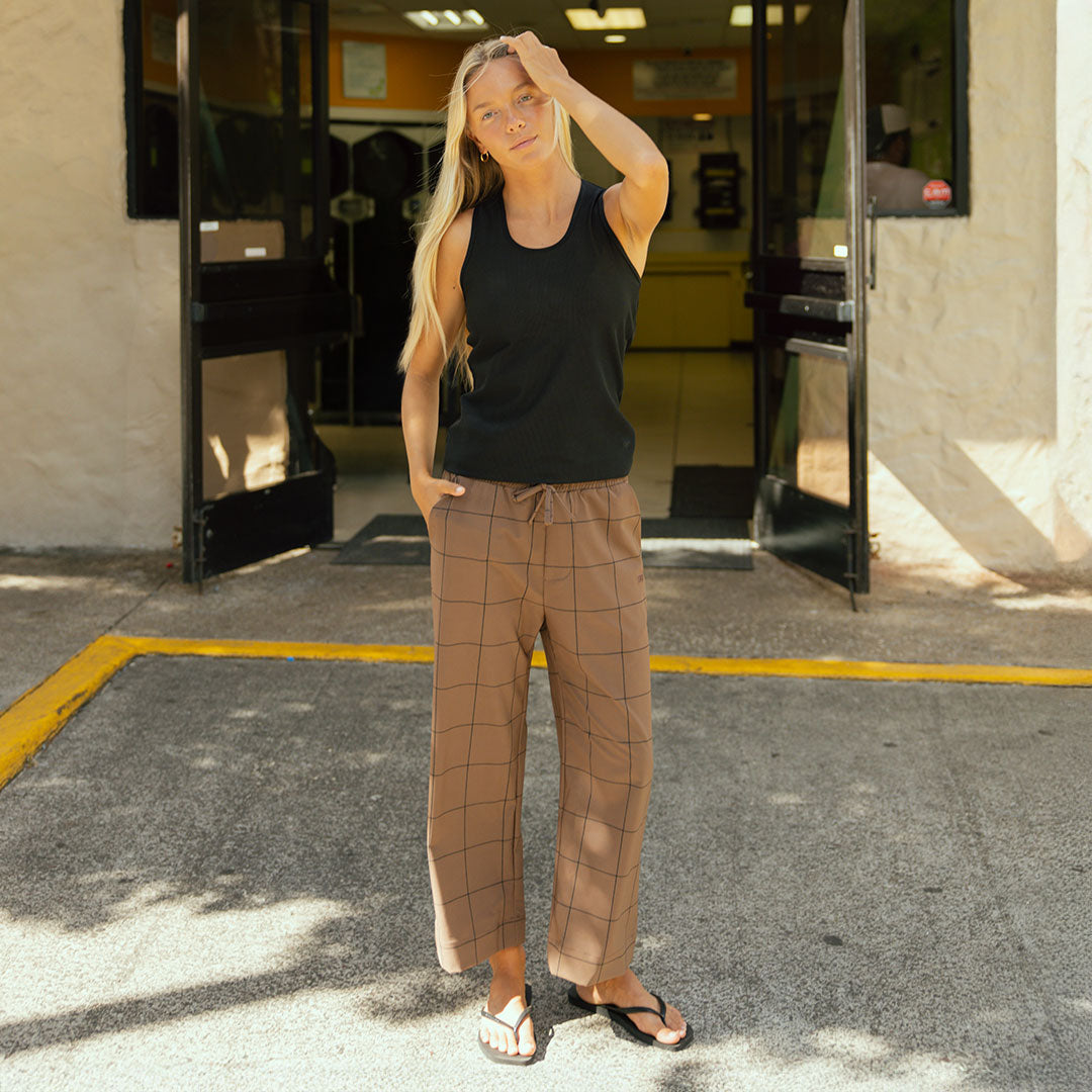 Audrey Mid Rise Wide Leg Pants, Brown/Black Windowpane - Albion Fit