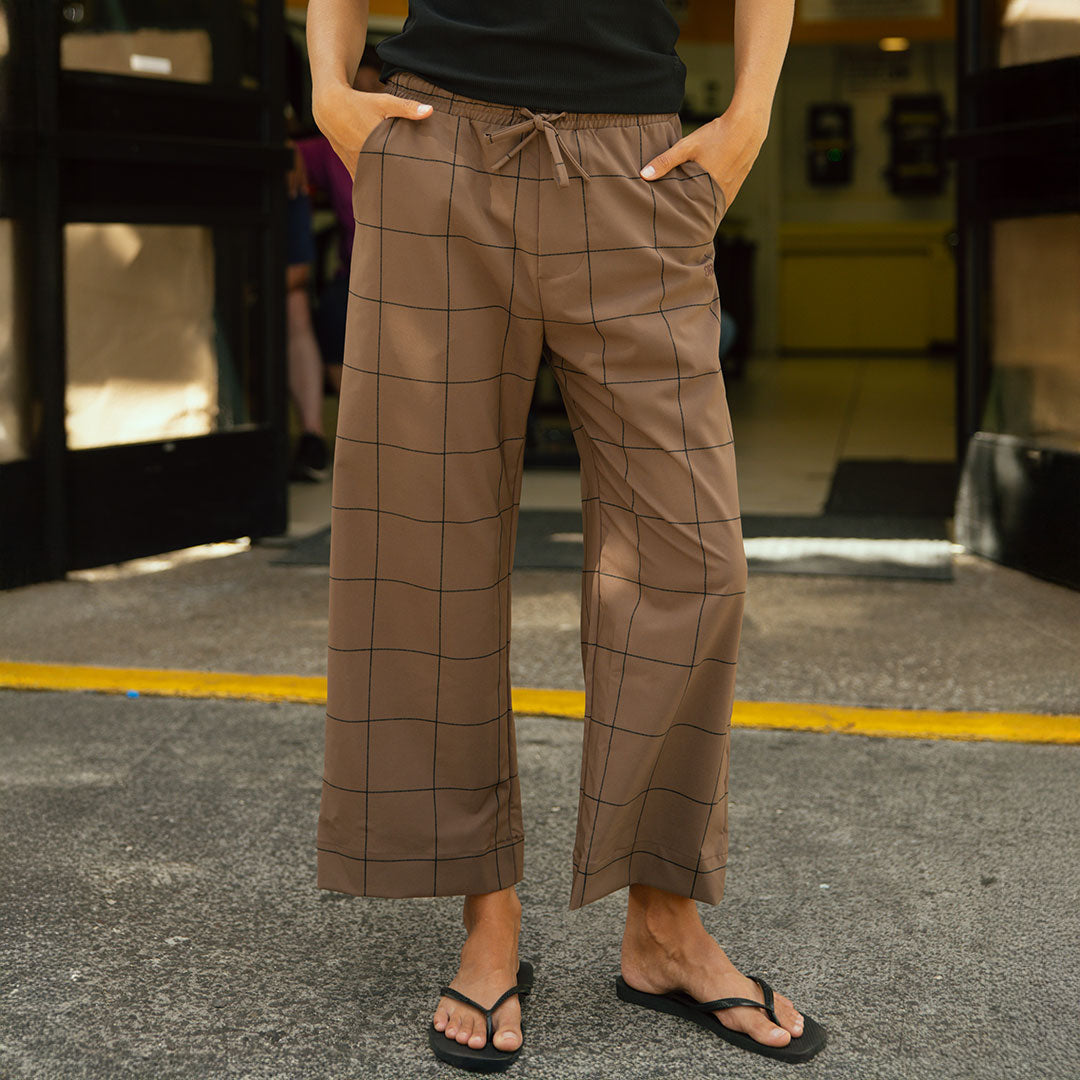 Audrey Mid Rise Wide Leg Pants, Brown/Black Windowpane