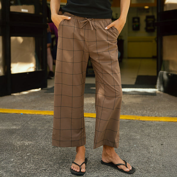 Audrey Mid Rise Wide Leg Pants, Brown/Black Windowpane - Albion Fit