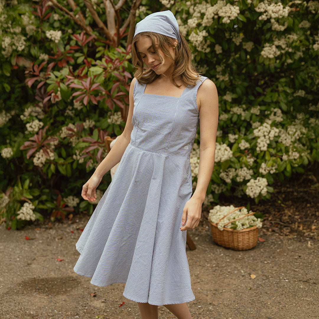 Sonata Dress, Navy Seersucker - Albion Fit