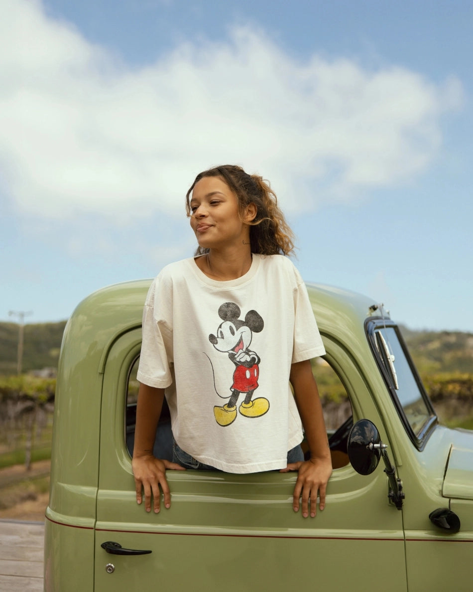 Person wearing a Mickey Mouse t-shirt standing on the back of a vintage truck with a scenic background
