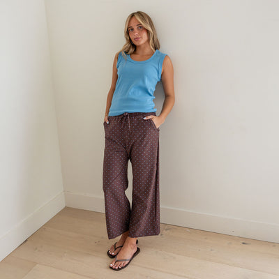 Audrey Mid Rise Wide Leg Pants, Brown/Blue Polka Dot