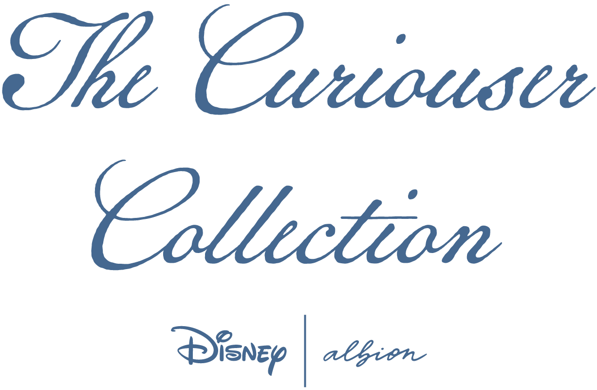 Blue cursive text reading 'The Curiouser Collection' on a white background, with the Disney and albion logos below.