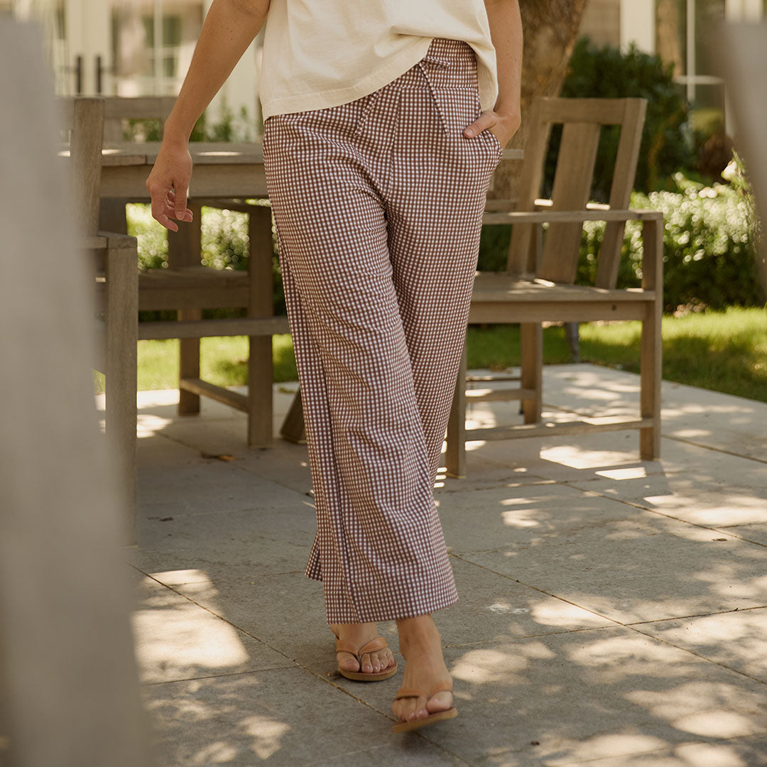 Audrey Wide Leg Pants, Toffee Gingham - Albion Fit