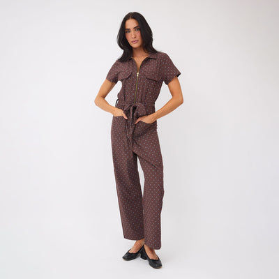 City Jumpsuit, Brown/Blue Polka Dot