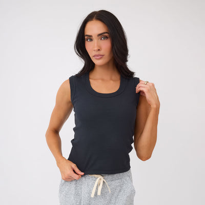 Cotton Rib Scoop Tank, Black