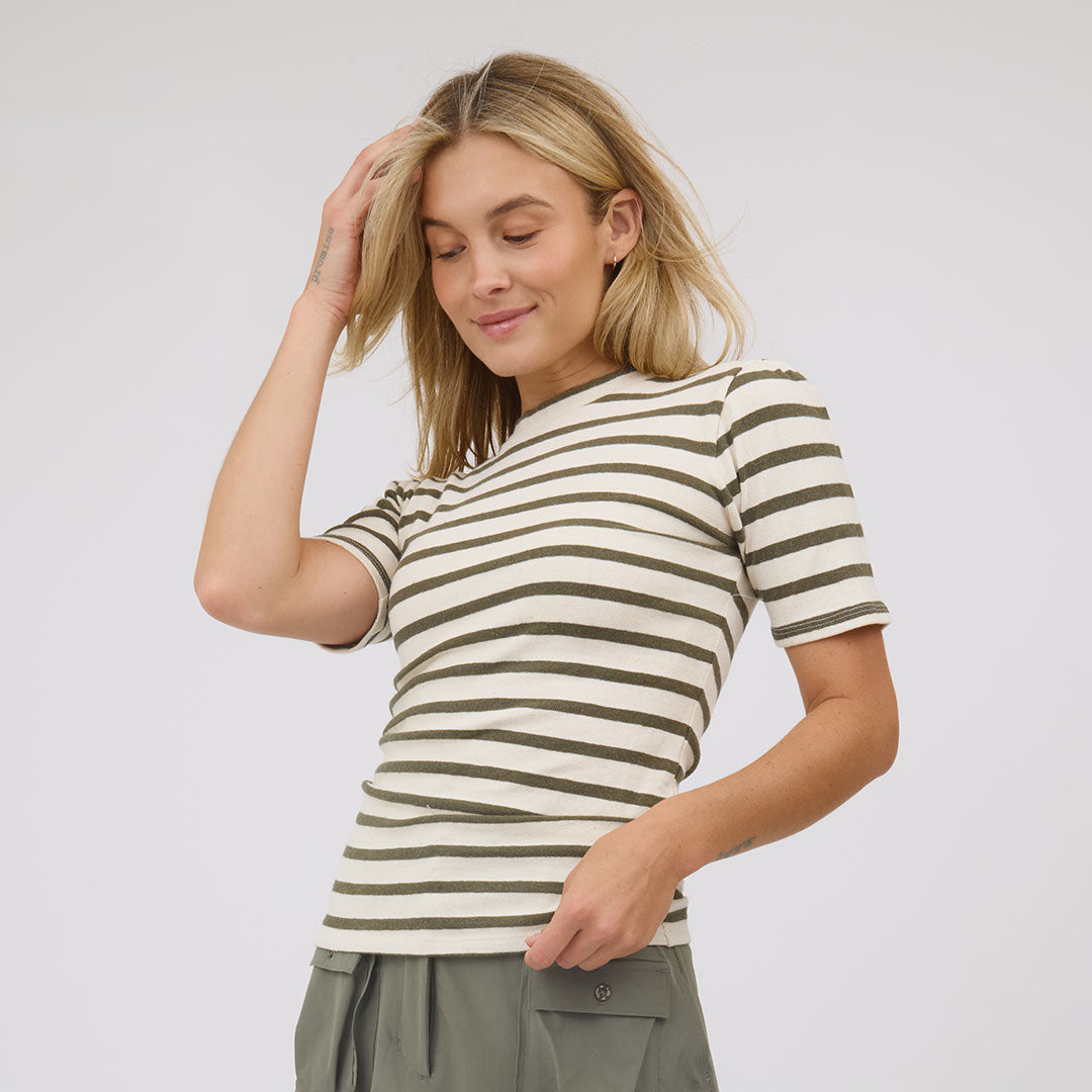 Puff Sleeve Tee, Olive and Cream Stripe