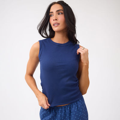 Cotton Rib High Neck Tank, Navy
