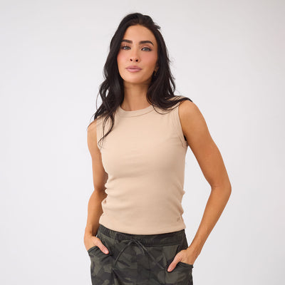 Cotton Rib High Neck Tank, Tan