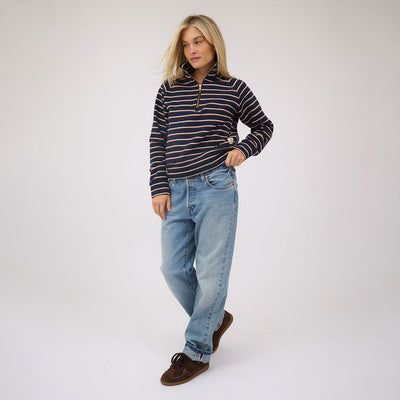 Oxford Fleece Zip-Up, Navy Stripe