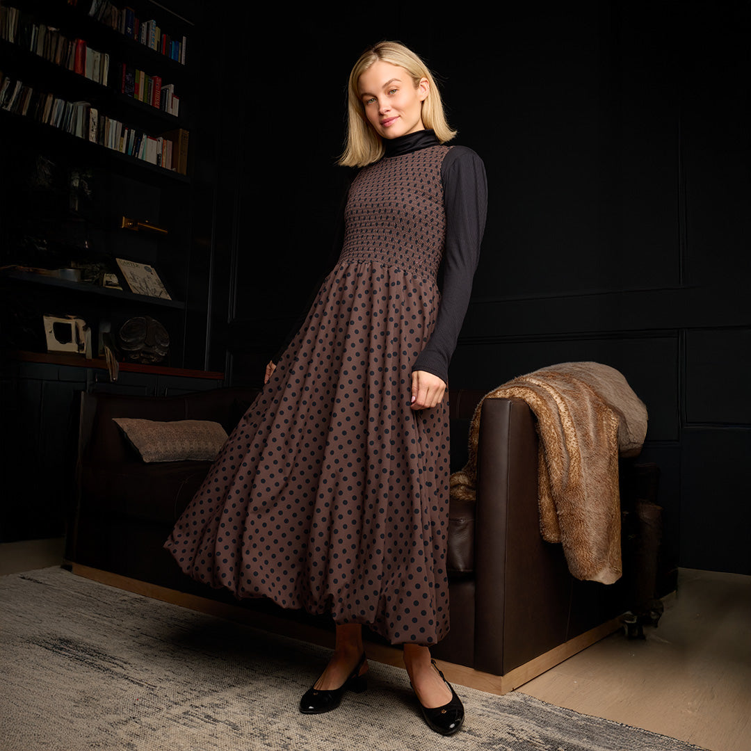 Vienna Bubble Dress, Black/Brown Polka Dot - Albion Fit