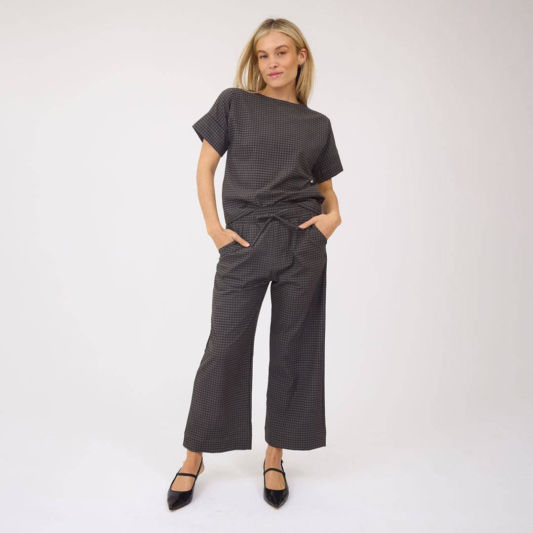 Audrey Mid Rise Wide Leg Pants, Olive Gingham - Albion Fit