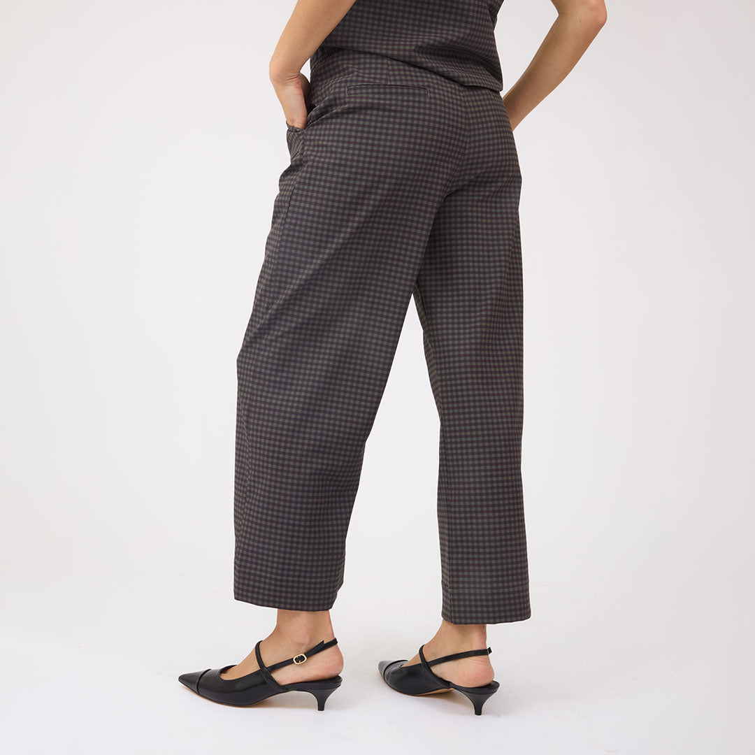 Audrey Mid Rise Wide Leg Pants, Olive Gingham - Albion Fit