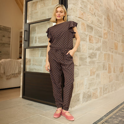 9 to 9 Jumpsuit, Black/Brown Polka Dot
