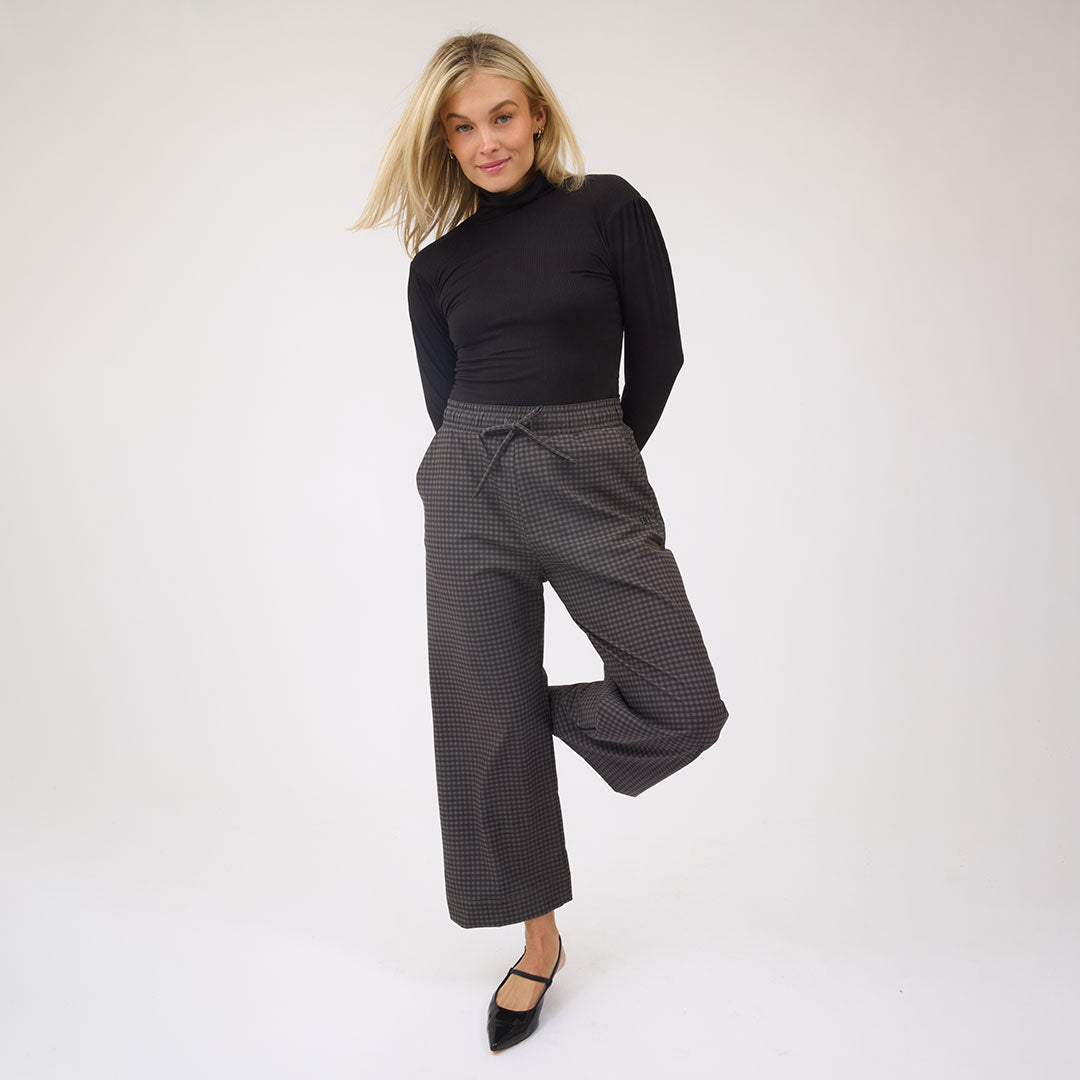 Audrey Mid Rise Wide Leg Pants, Olive Gingham - Albion Fit